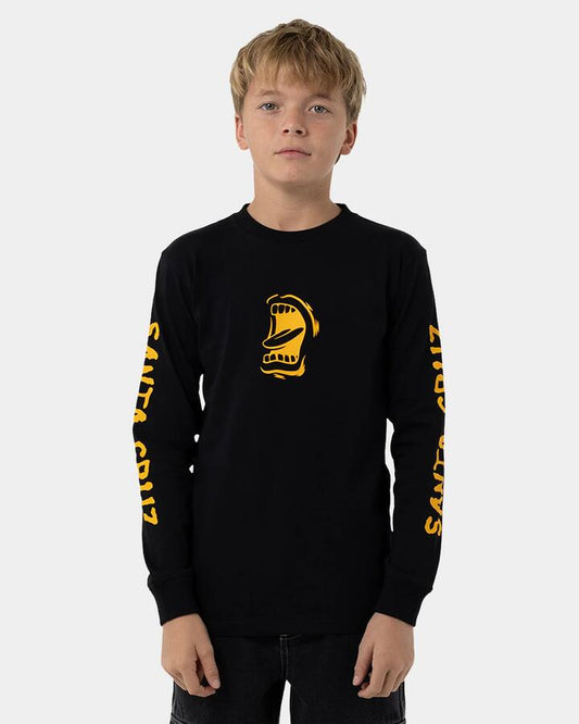 Image of a model wearing Tops. Product name - Santa Cruz Boys 8-16 Screaming Mouth Mono Front Long Sleeve T-Shirt Black in Black colour by brand - Santa Cruz