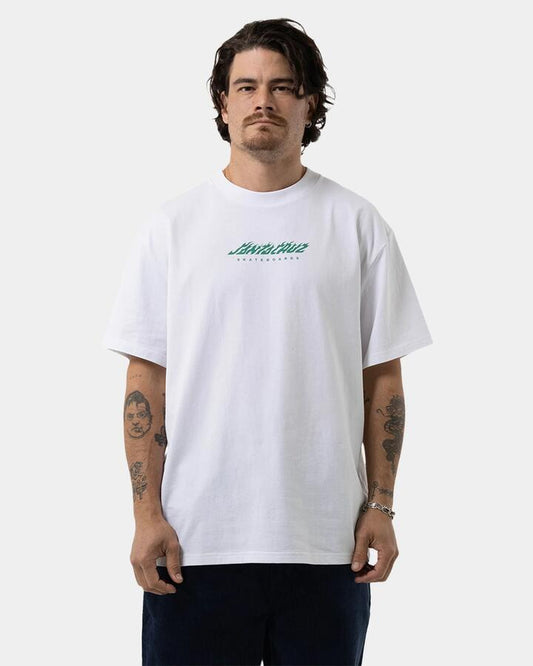 Image of T-Shirts. Product name - Santa Cruz Mens Dice Flame Dot Strip Front T-Shirt White in White colour by brand - Santa Cruz