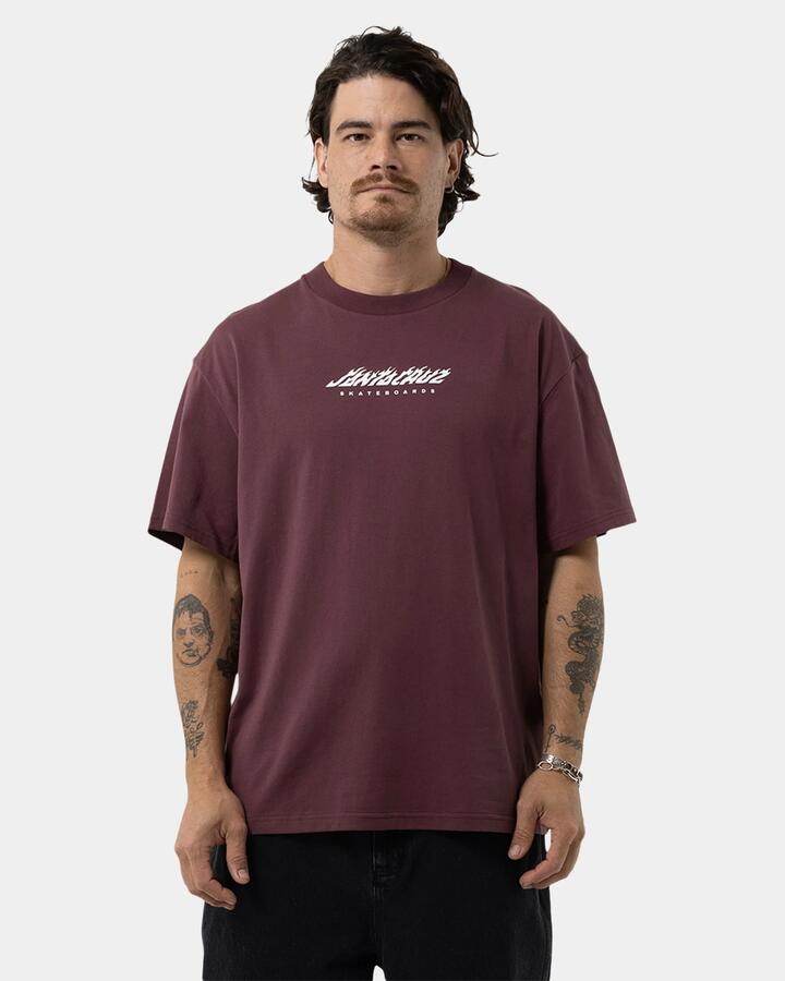 Image of T-Shirts. Product name - Santa Cruz Mens Dice Flame Dot Strip Front T-Shirt Maroon in Maroon colour by brand - Santa Cruz