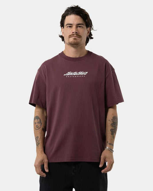 Image of T-Shirts. Product name - Santa Cruz Mens Dice Flame Dot Strip Front T-Shirt Maroon in Maroon colour by brand - Santa Cruz