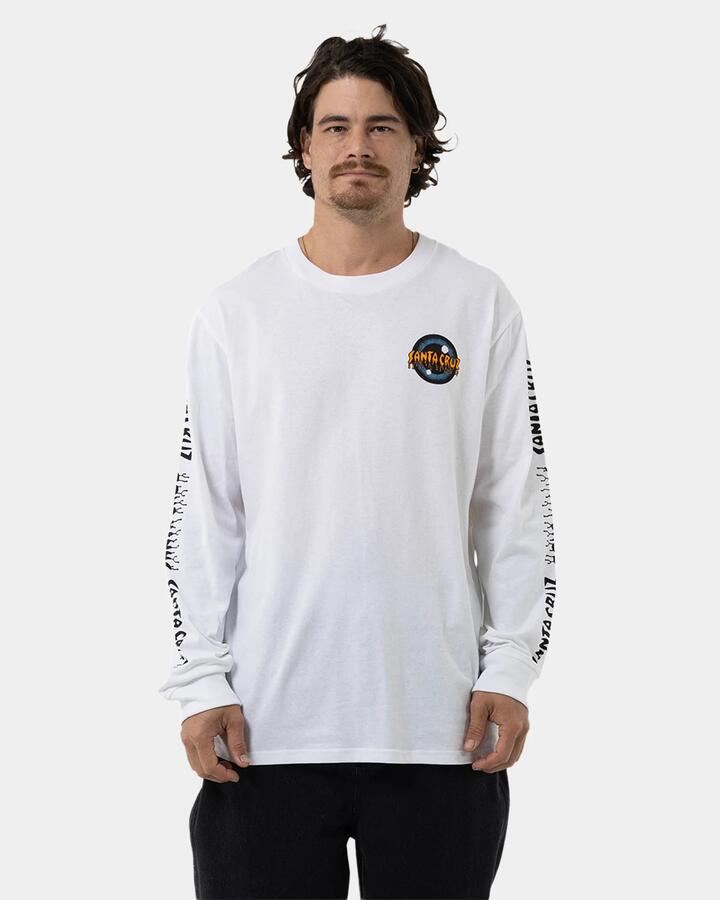 Image of a model wearing Tops. Product name - Santa Cruz Mens Roskopp Iris Strip Repeat Long Sleeve T-Shirt White in White colour by brand - Santa Cruz