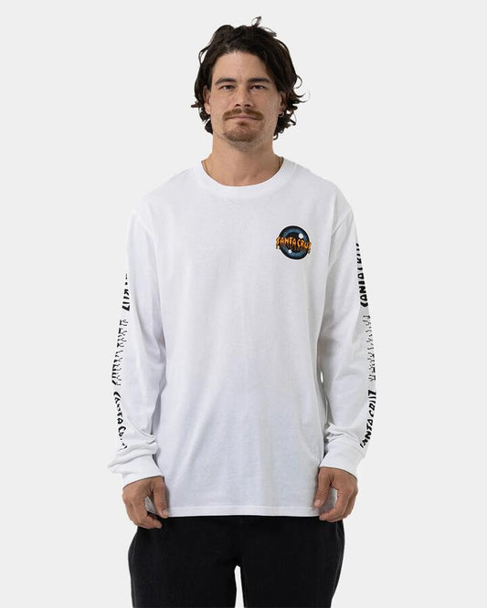 Image of a model wearing Tops. Product name - Santa Cruz Mens Roskopp Iris Strip Repeat Long Sleeve T-Shirt White in White colour by brand - Santa Cruz