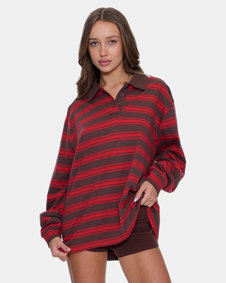Image of a model wearing Tops. Product name - Thrills Womens Conditions Apply Stripe Long Sleeve Shirt Bitter Chocolate in Bitter Chocolate colour by brand - Thrills