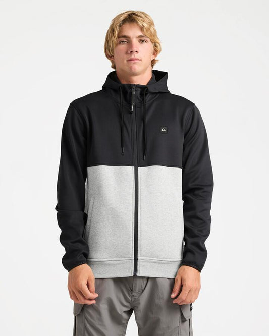 Image of a model wearing Outerwear. Product name - Quiksilver Mens Burnz Zip Up Hoodie Black in Black colour by brand - Quiksilver
