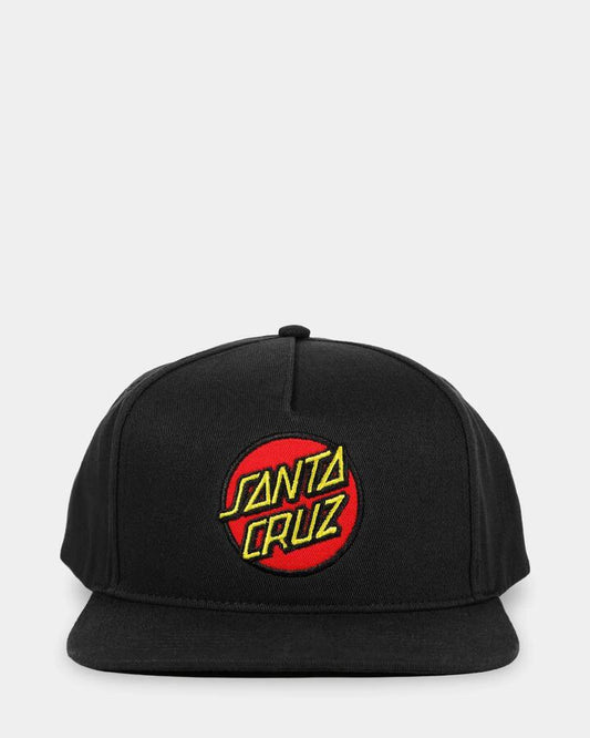 Image of Hats. Product name - Santa Cruz Mens Classic Dot Patch Snapback Cap Black in Black colour by brand - Santa Cruz