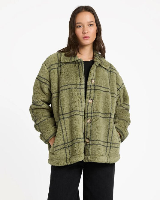 Image of a model wearing Outerwear. Product name - Volcom Womens Supa Sonical Shacket Moss Stone in Moss Stone colour by brand - Volcom