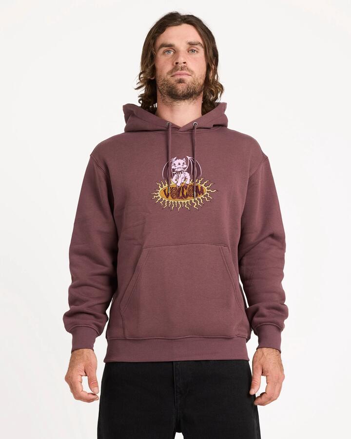 Image of a model wearing Outerwear. Product name - Volcom Mens Noder Pullover Hoodie Pistol Punch in Pistol Punch colour by brand - Volcom