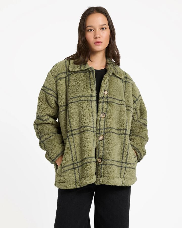 Image of a model wearing Outerwear. Product name - Volcom Womens Supa Sonical Shacket Moss Stone in Moss Stone colour by brand - Volcom