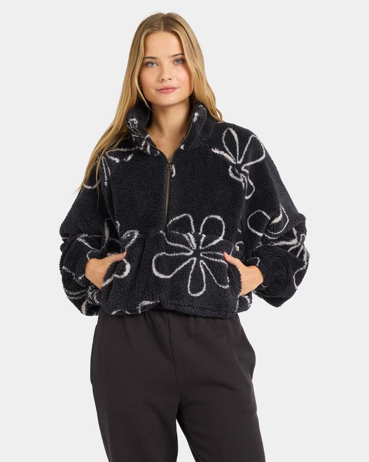 Image of a model wearing Outerwear. Product name - Billabong Womens Good Life Half Zip Fleece Jumper Black Sands in Black Sands colour by brand - Billabong