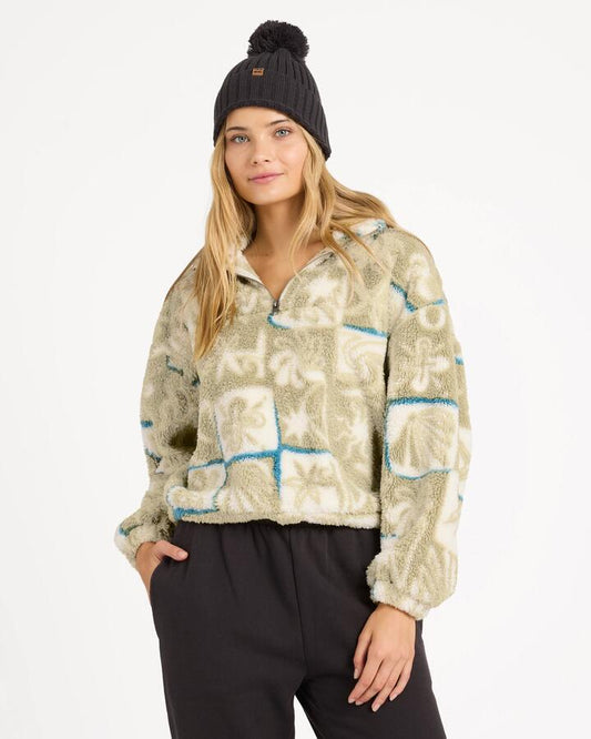 Image of a model wearing Outerwear. Product name - Billabong Womens Sea Check Half Zip Fleece Jumper Cactus Green in Cactus Green colour by brand - Billabong
