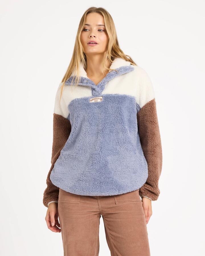 Image of a model wearing Outerwear. Product name - Billabong Womens Vibes Back Fleece Jumper Low Tide in Low Tide colour by brand - Billabong