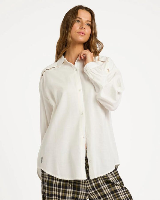 Image of a model wearing Tops. Product name - Billabong Womens Coastal Crush Long Sleeve Shirt Salt Crystal in Salt Crystal colour by brand - Billabong