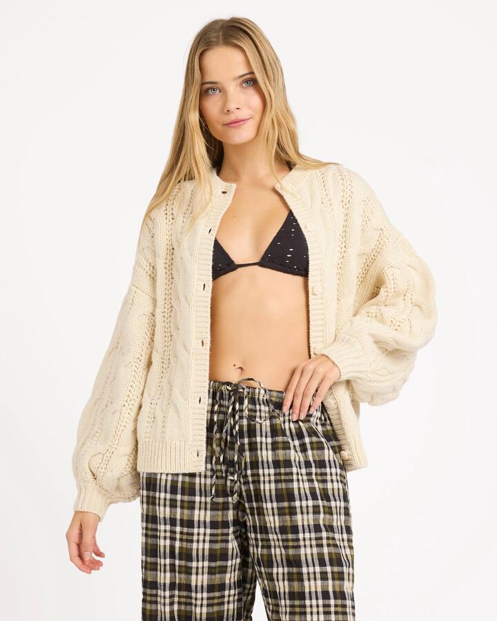 Image of a model wearing Outerwear. Product name - Billabong Womens Bayside Cardigan Whitecap in Whitecap colour by brand - Billabong