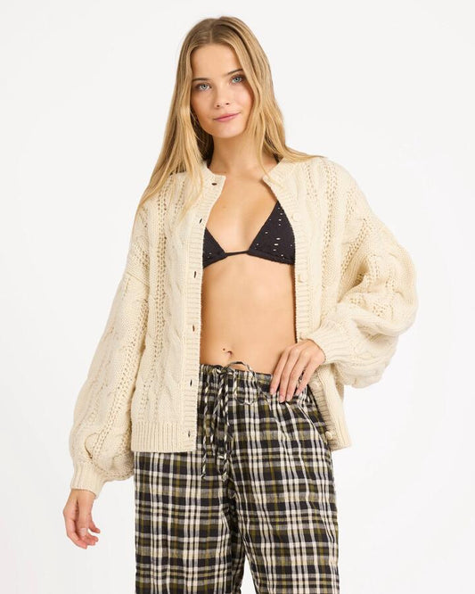 Image of a model wearing Outerwear. Product name - Billabong Womens Bayside Cardigan Whitecap in Whitecap colour by brand - Billabong