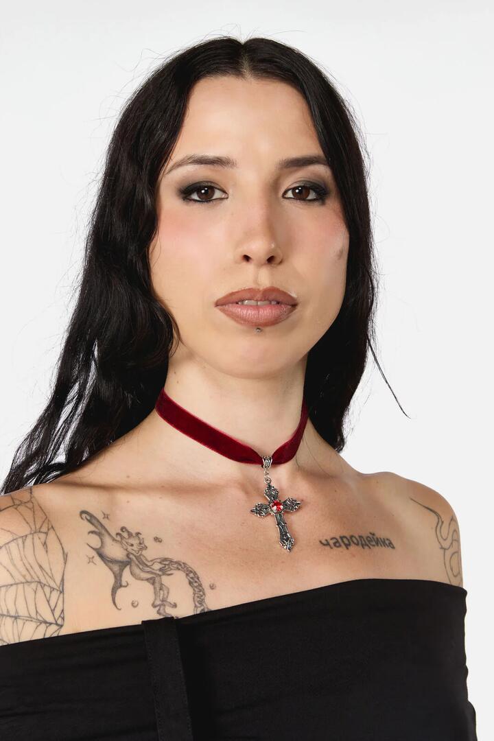 Image of Jewelry. Productname: Red Velvet Cross Choker in Red colour by brand - Dangerfield
