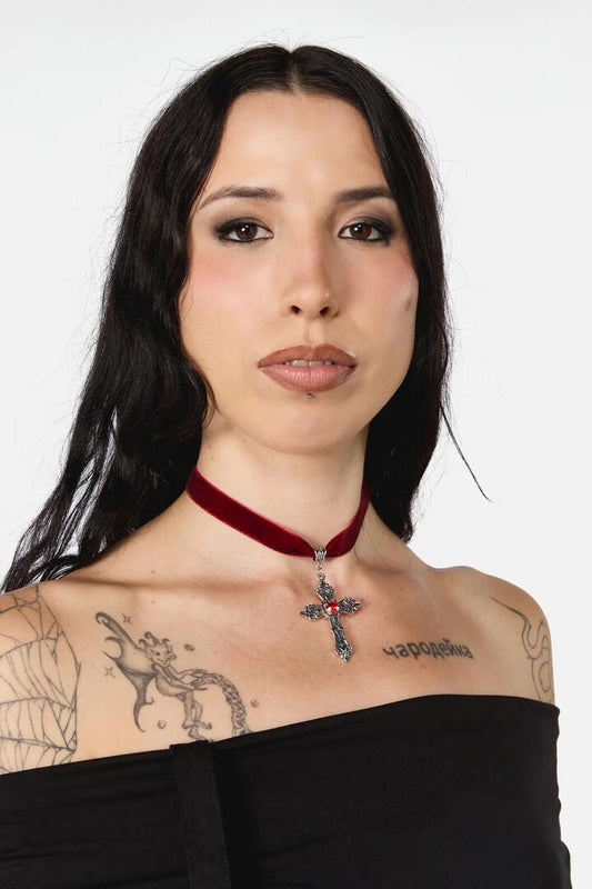 Image of Jewelry. Productname: Red Velvet Cross Choker in Red colour by brand - Dangerfield