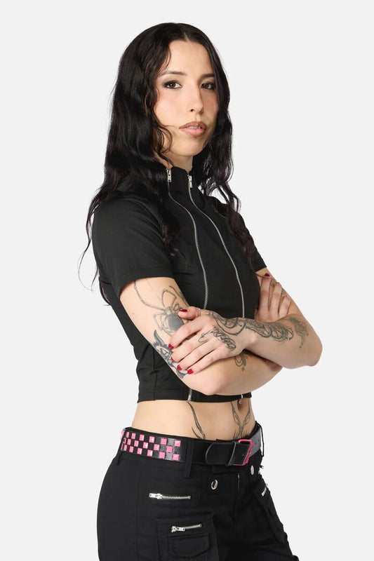 Image of Belts. Productname: Checkered Stud Belt in Pink/Black colour by brand - Black Friday