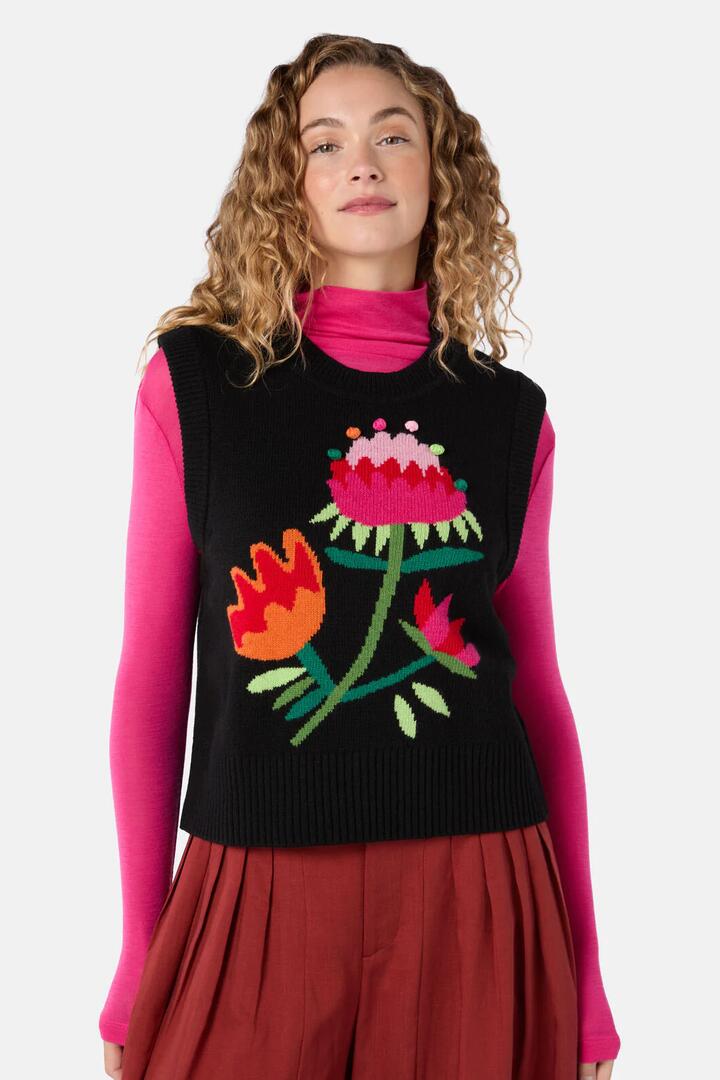 Image of Coats & Jackets. Product name - Pretty Protea Knit Vest in Black colour by brand - Gorman