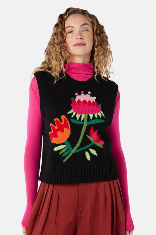 Image of Coats & Jackets. Product name - Pretty Protea Knit Vest in Black colour by brand - Gorman