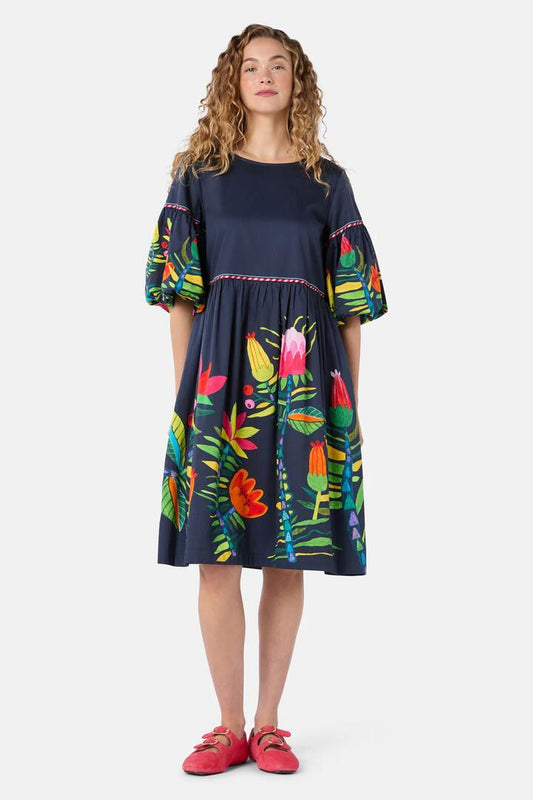 Image of Dresses. Product name - Pretty Protea Cotton Dress in Navy colour by brand - Gorman