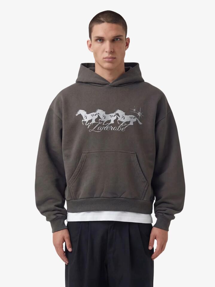 Image of a model wearing Outerwear. Productname: Zanerobe Stallion Box Crop Hood in Charcoal colour by brand - Zanerobe
