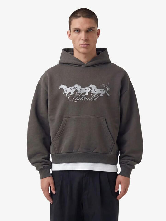 Image of a model wearing Outerwear. Productname: Zanerobe Stallion Box Crop Hood in Charcoal colour by brand - Zanerobe