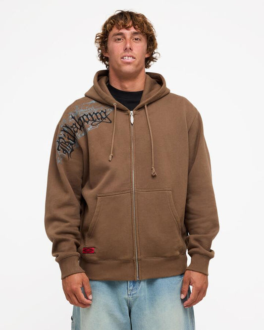 Image of a model wearing Outerwear. Product name - Billabong Mens Immortal Blast Zip Up Hoodie Gravel in Gravel colour by brand - Billabong