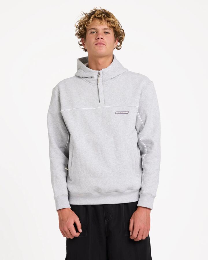 Image of a model wearing Outerwear. Product name - Billabong Mens Adiv Mock Pullover Hoodie Light Grey Heather in Light Grey Heather colour by brand - Billabong