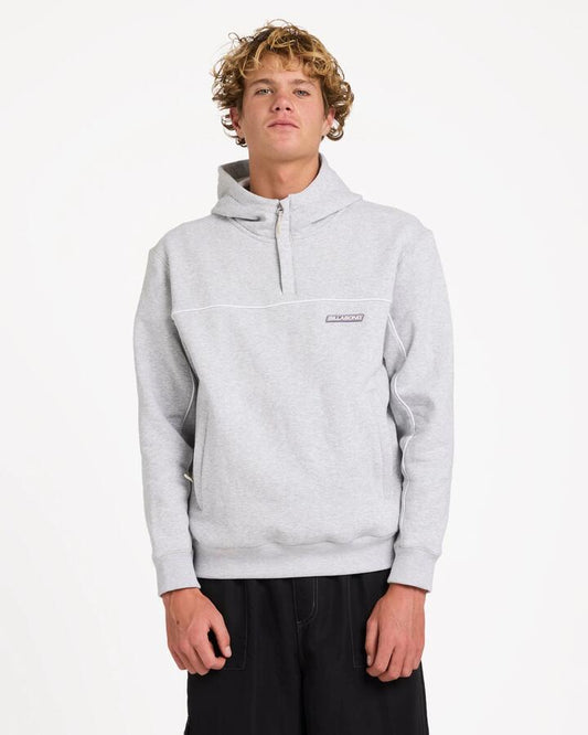 Image of a model wearing Outerwear. Product name - Billabong Mens Adiv Mock Pullover Hoodie Light Grey Heather in Light Grey Heather colour by brand - Billabong