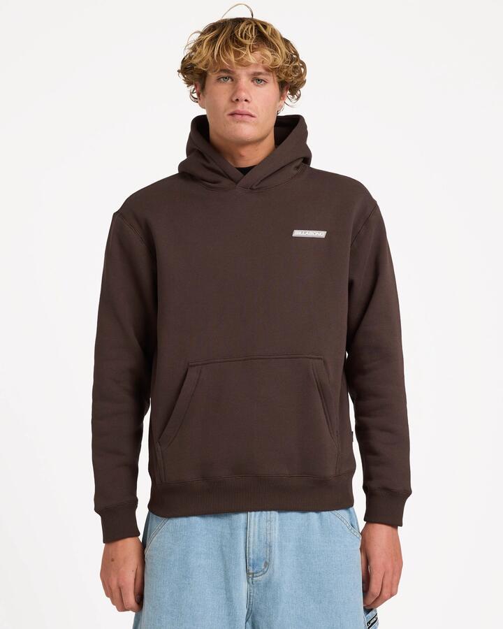 Image of a model wearing Outerwear. Product name - Billabong Mens Adiv Slant Pullover Hoodie Chocolate in Chocolate colour by brand - Billabong