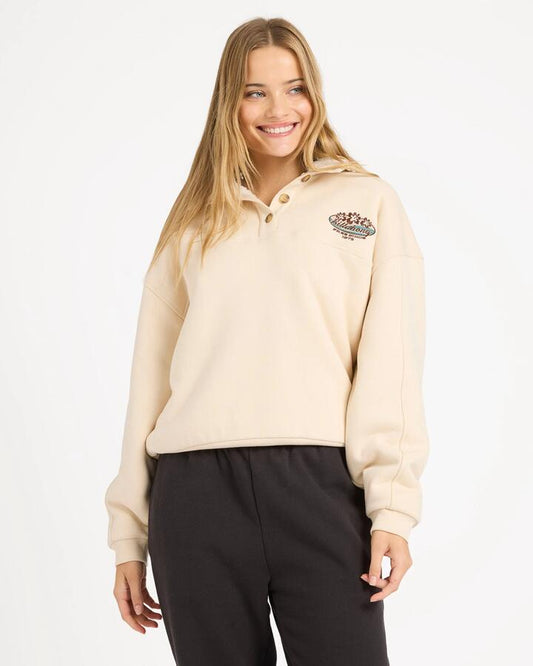 Image of a model wearing Outerwear. Product name - Billabong Womens Classic Vibes Button Down Fleece Jumper Dove in Dove colour by brand - Billabong