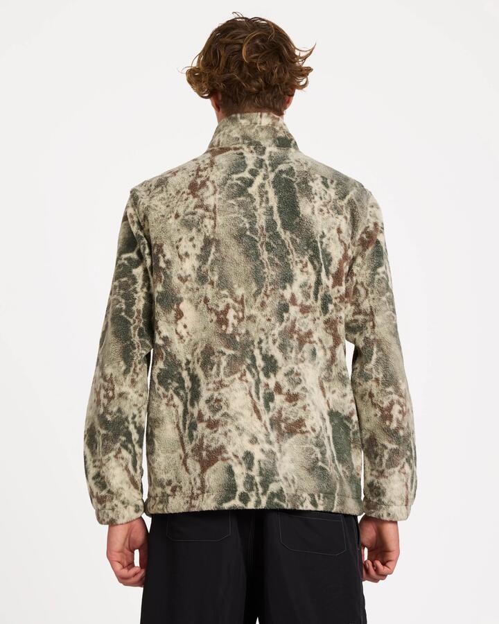Image of a model wearing Outerwear. Product name - Billabong Mens Boundary Mock Zip Up Fleece Jacket Camo in Camo colour by brand - Billabong
