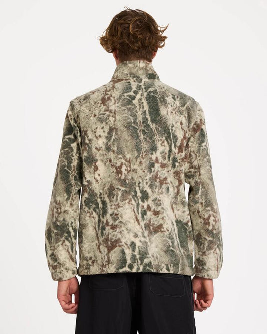 Image of a model wearing Outerwear. Product name - Billabong Mens Boundary Mock Zip Up Fleece Jacket Camo in Camo colour by brand - Billabong