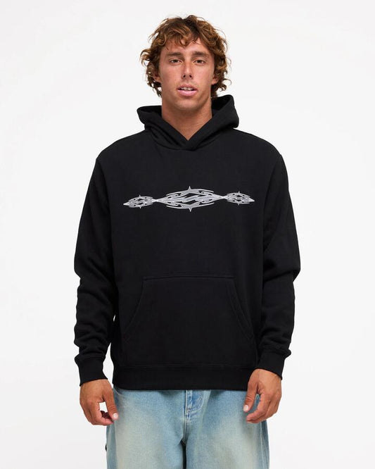 Image of a model wearing Outerwear. Product name - Billabong Mens Triple Up Pullover Hoodie Black in Black colour by brand - Billabong