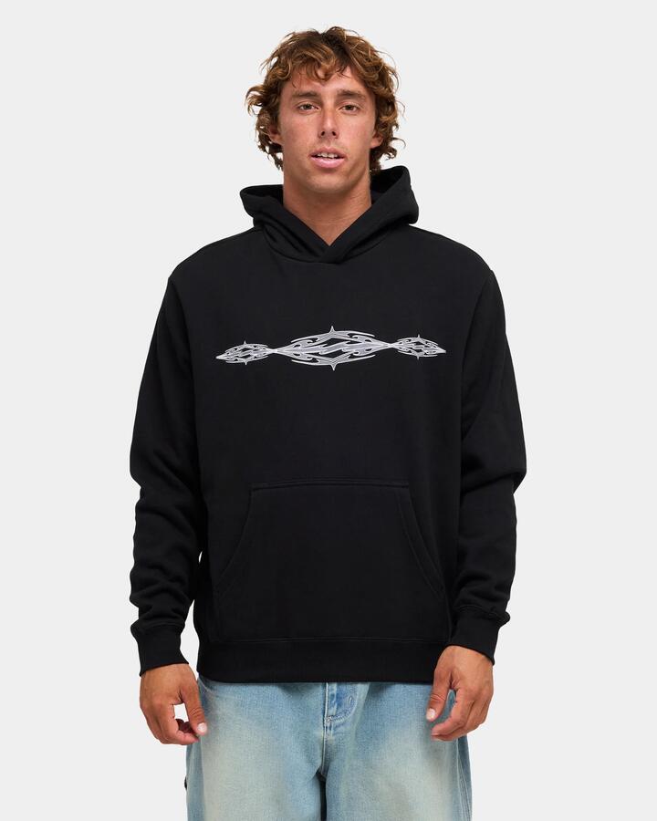 Image of a model wearing Outerwear. Product name - Billabong Mens Triple Up Pullover Hoodie Black in Black colour by brand - Billabong