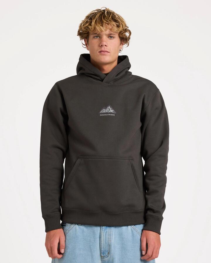 Image of a model wearing Outerwear. Product name - Billabong Mens Shoreline Pullover Hoodie Charcoal in Charcoal colour by brand - Billabong
