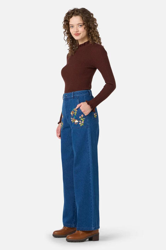 Image of Jeans. Product name - Sweet Ducks Embroidered Denim Jean in Blue Denim colour by brand - Princess Highway