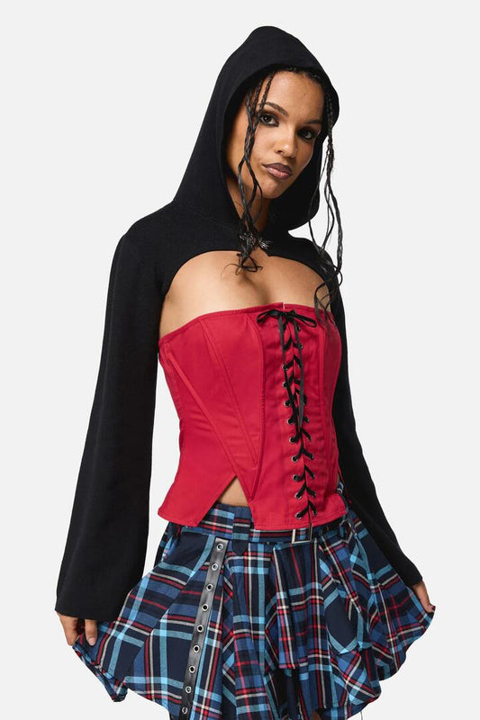 Image of a model wearing Outerwear. Productname: Noble Knitted Hood Sleeve in Black colour by brand - Black Friday
