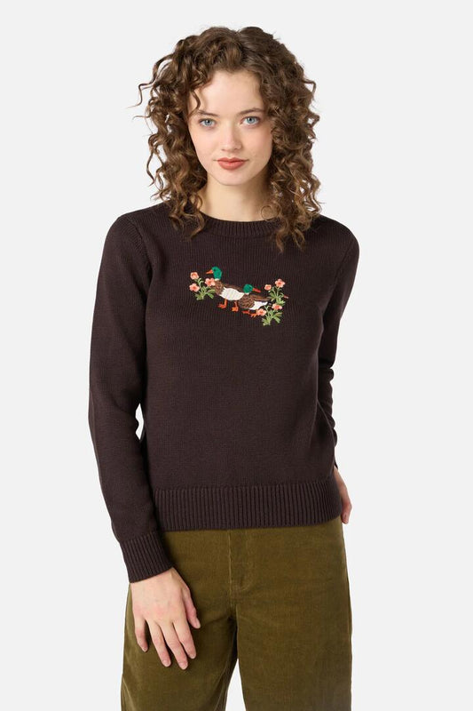 Image of a model wearing Outerwear. Product name - Sweet Ducks Embroidered Jumper in Chocolate colour by brand - Princess Highway