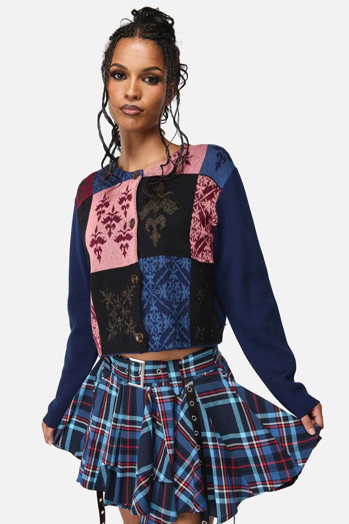 Image of a model wearing Outerwear. Productname: Your Grace Patchwork Cardi in Multi colour by brand - Black Friday
