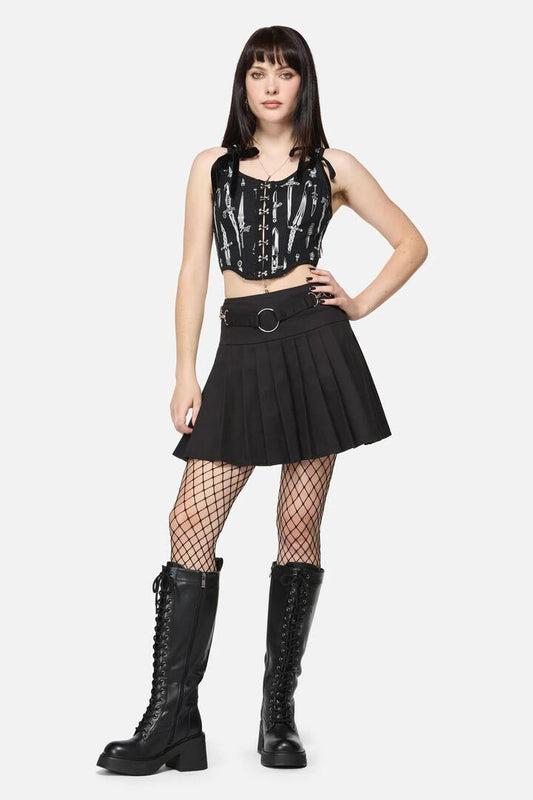 Image of a model wearing Skirts. Productname: Avril Goth Skort in Black colour by brand - Dangerfield