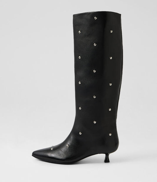 Image of Boots. Product name - Centese Black Dome Stud Leather Knee High Boots in Black-Dome Stud colour by brand - MOLLINI