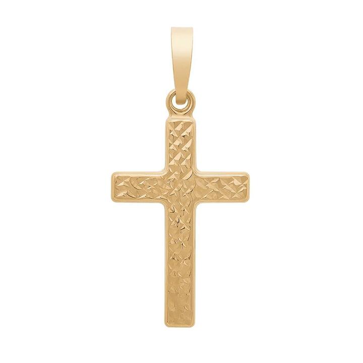 Image of Charms. Product name - 9kt Yellow Gold Diamond Cut Cross Pendant in colour by brand - Bevilles