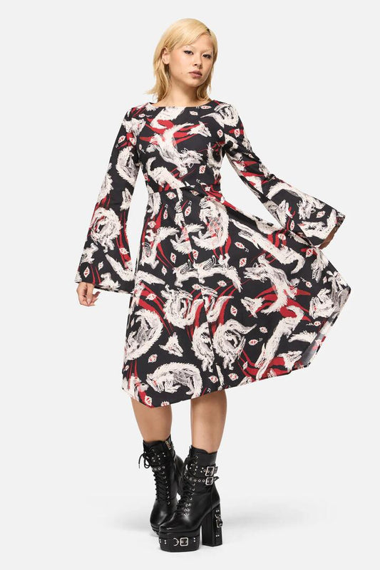 Image of Dresses. Productname: Louve Print Flare Sleeve Dress in Black colour by brand - Black Friday