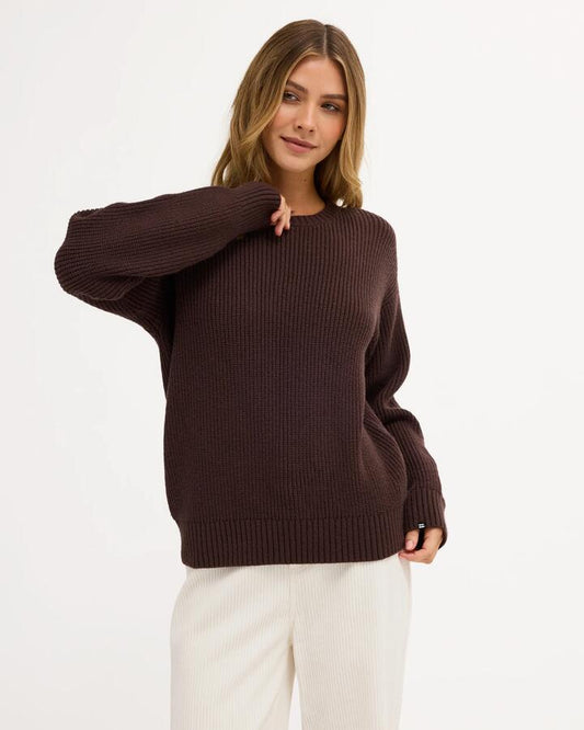 Image of a model wearing Outerwear. Product name - Billabong Womens Coastline Sweatshirt Teak in Teak colour by brand - Billabong