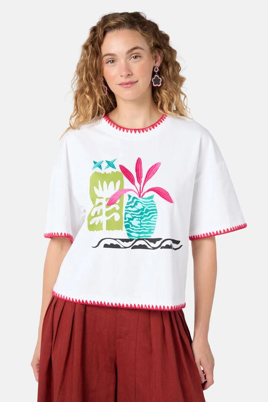 Image of T-Shirts. Product name - Morocco Embroidered Relaxed Tee in White colour by brand - Gorman