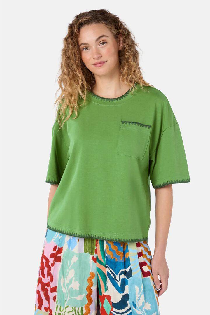 Image of T-Shirts. Product name - Border Embroidery Relaxed Tee in Green colour by brand - Gorman