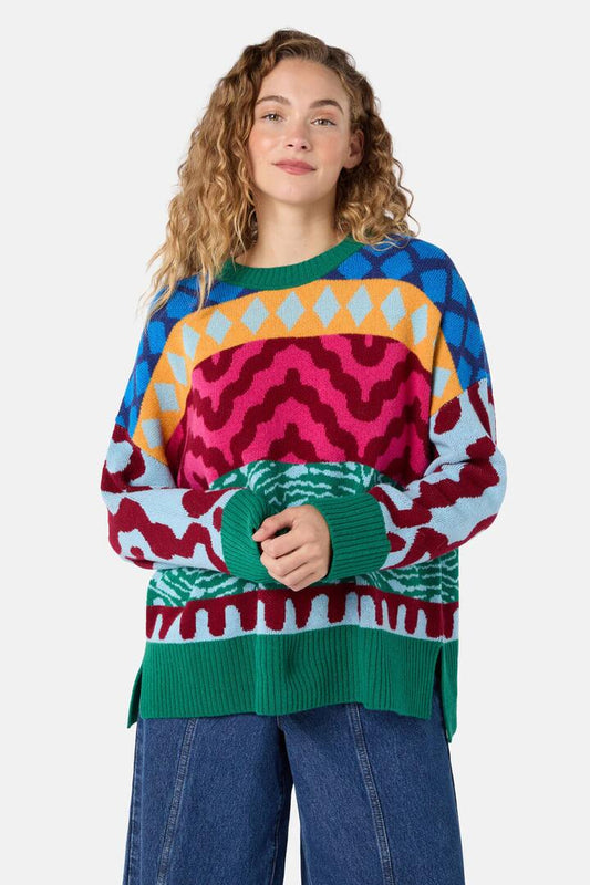 Image of a model wearing Outerwear. Product name - Morocco Stripe Jumper in Multi colour by brand - Gorman