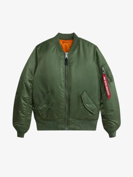 Image of a model wearing Outerwear. Productname: Alpha Industries Women's MA-1 Bomber Jacket in Sage colour by brand - Alpha Industries