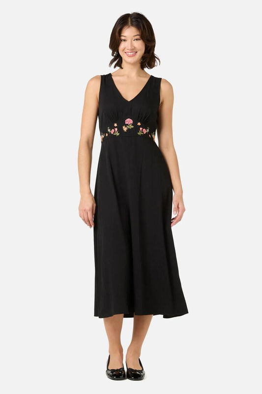Image of Dresses. Product name - Winona Flower Embroidered Midi Dress in Black colour by brand - Princess Highway